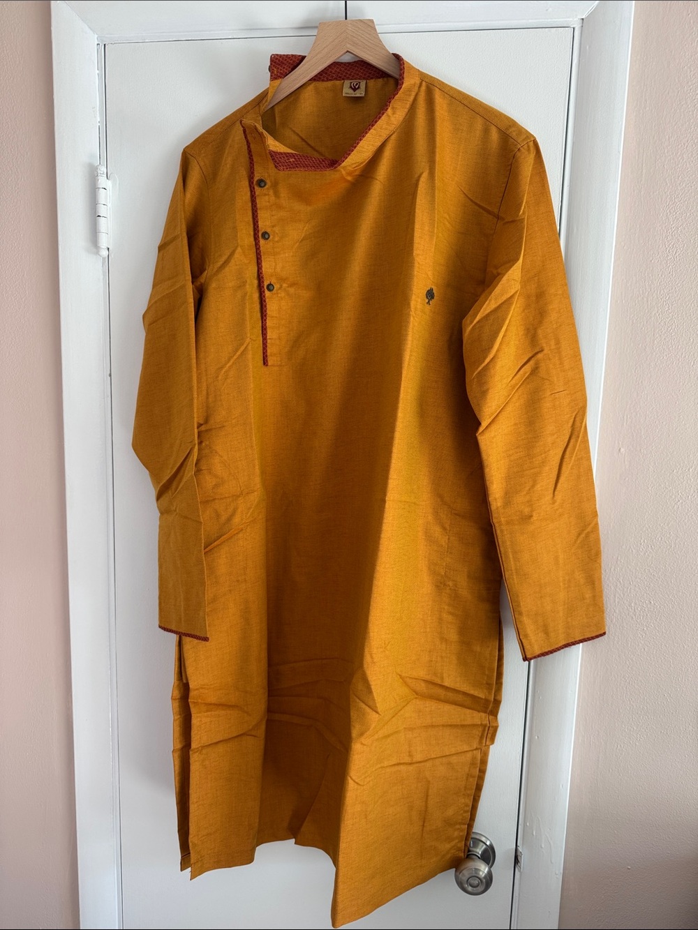 Manyavar Men's Mustard Kurta Shirt with Offset Button and Trim